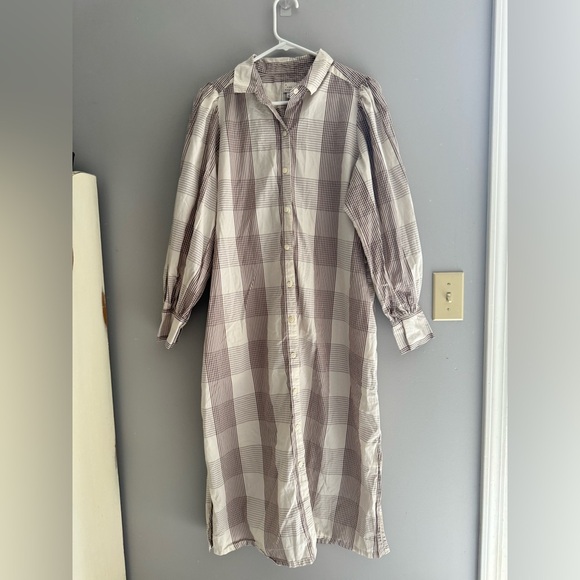 A New Day High Cuff Shirt Dress Woman’s SZ M Cream Brown Plaid Maxi Long Sleeve - Picture 2 of 10